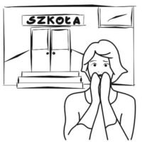 przerażona dziewczyna przed wejściem do szkoły