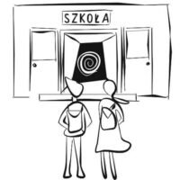 dwoje dzieci z plecakami stoi przed otwartymi drzwiami szkoły za którymi jest strasznie